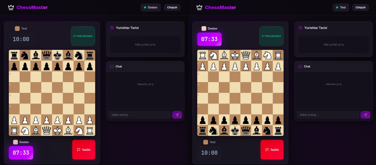 Ikki kunda shaxmat o'ynaydigan saytni ishga tushirdim
